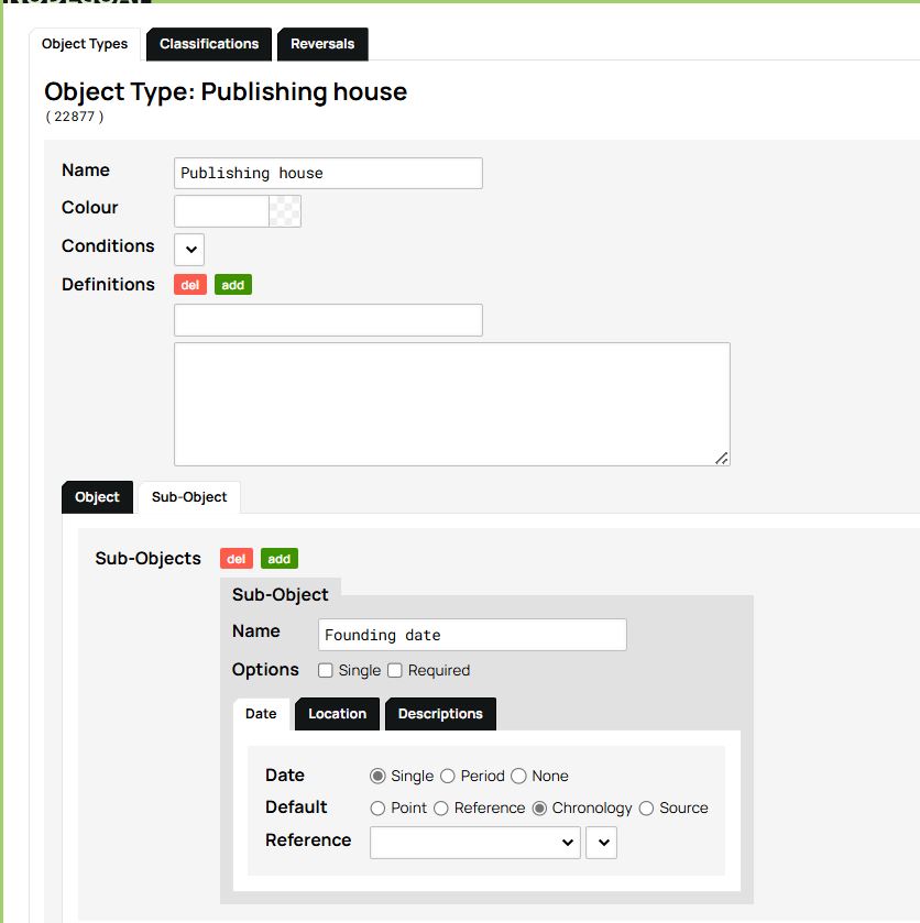 The sub-object tab with Name Founding date and the Chronology option selected under the Date sub-tab