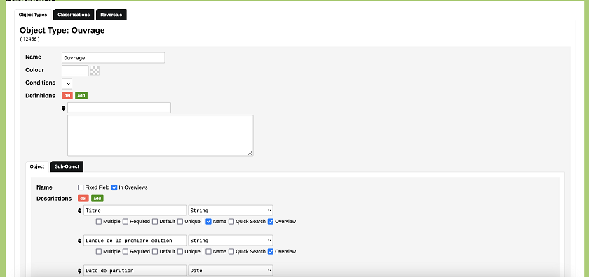 Le volet Ouvrages et les cases de trois attributs (titres, langue, date de parution)