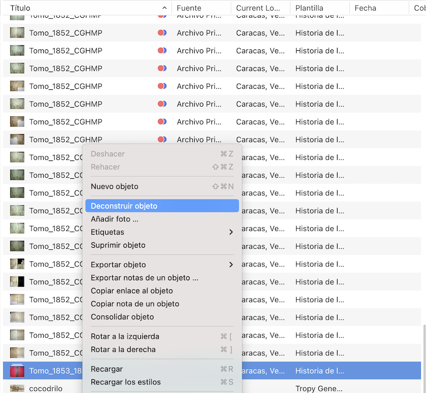 Sección de la vista de galería con el menú contextual destacado, mostrando la función de Deconstruir.