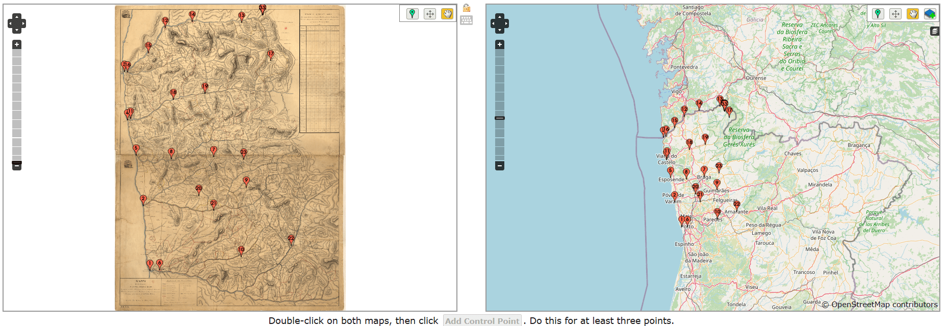 Dois mapas que representam o mesmo espaço, mas com diferenças em suas projeções cartográficas que permitem comparar os pontos correspondentes.